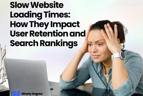 A frustrated woman sitting at a desk, staring at her laptop with her hands on her head, displaying stress or frustration. This image reflects the common experience of dealing with a slow website, as she waits for the page to load, indicating poor user experience due to website performance issues.